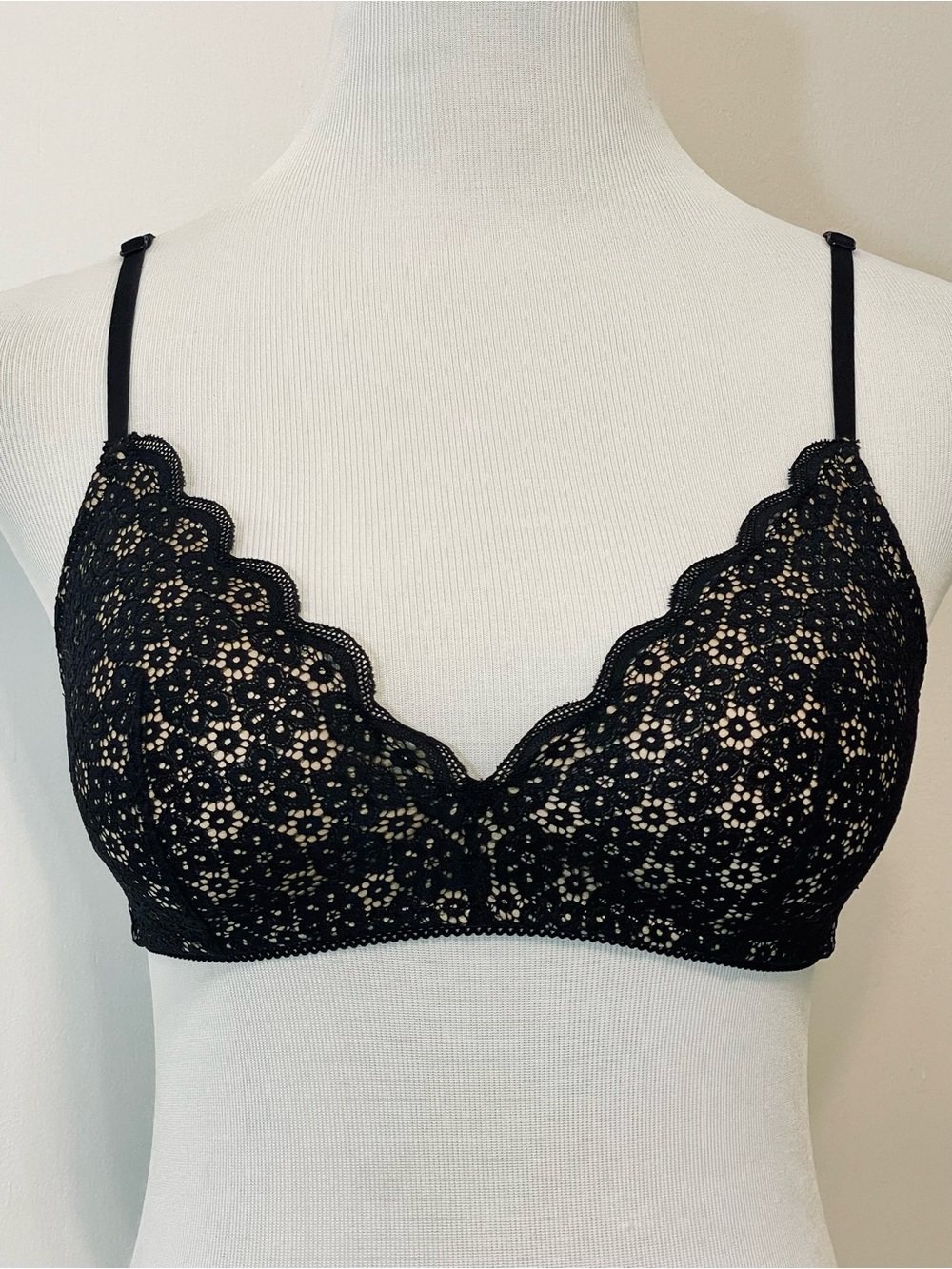 Aerie Real Happy Wireless Lightly Lined Bra Black & Tan Queens’s Lace Size 32D - Picture 3 of 11